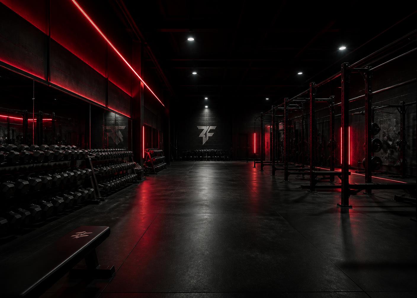 The Fitness First training floor with racks and red accent lighting